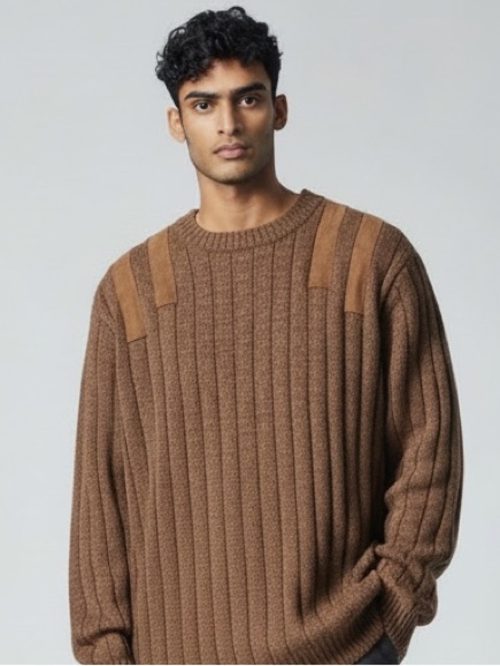 Vintage Wiznit 100% Baby Alpaca Wool Men's Ribbed Crewneck Sweater in Brown